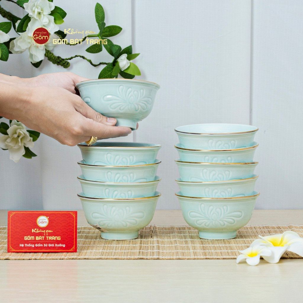Bộ Bát Cơm Men Xanh Ngọc Hoa Cúc Kẻ Vàng