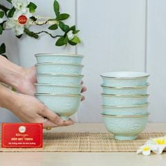 Bộ Bát Cơm Men Xanh Ngọc Hoa Cúc Kẻ Vàng