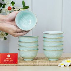 Bộ Bát Cơm Men Xanh Ngọc Hoa Cúc Kẻ Vàng