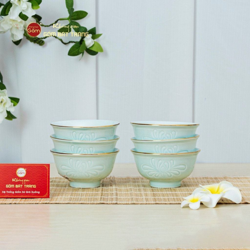 Bộ Bát Cơm Men Xanh Ngọc Hoa Cúc Kẻ Vàng