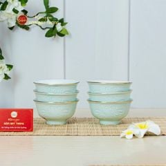 Bộ Bát Cơm Men Xanh Ngọc Hoa Cúc Kẻ Vàng