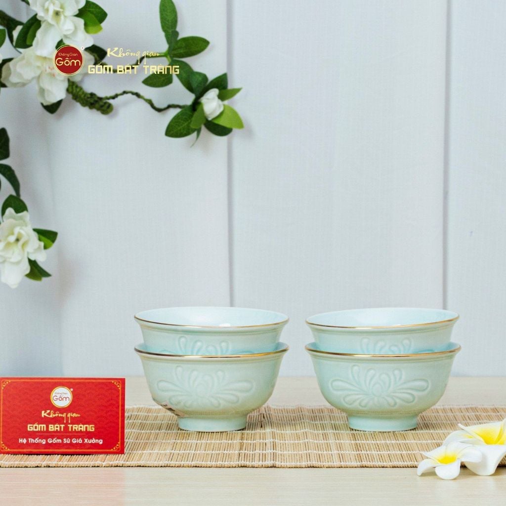 Bộ Bát Cơm Men Xanh Ngọc Hoa Cúc Kẻ Vàng