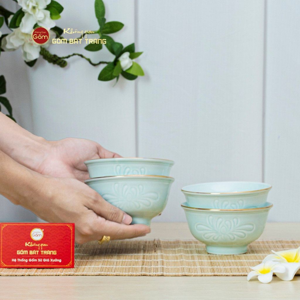 Bộ Bát Cơm Men Xanh Ngọc Hoa Cúc Kẻ Vàng