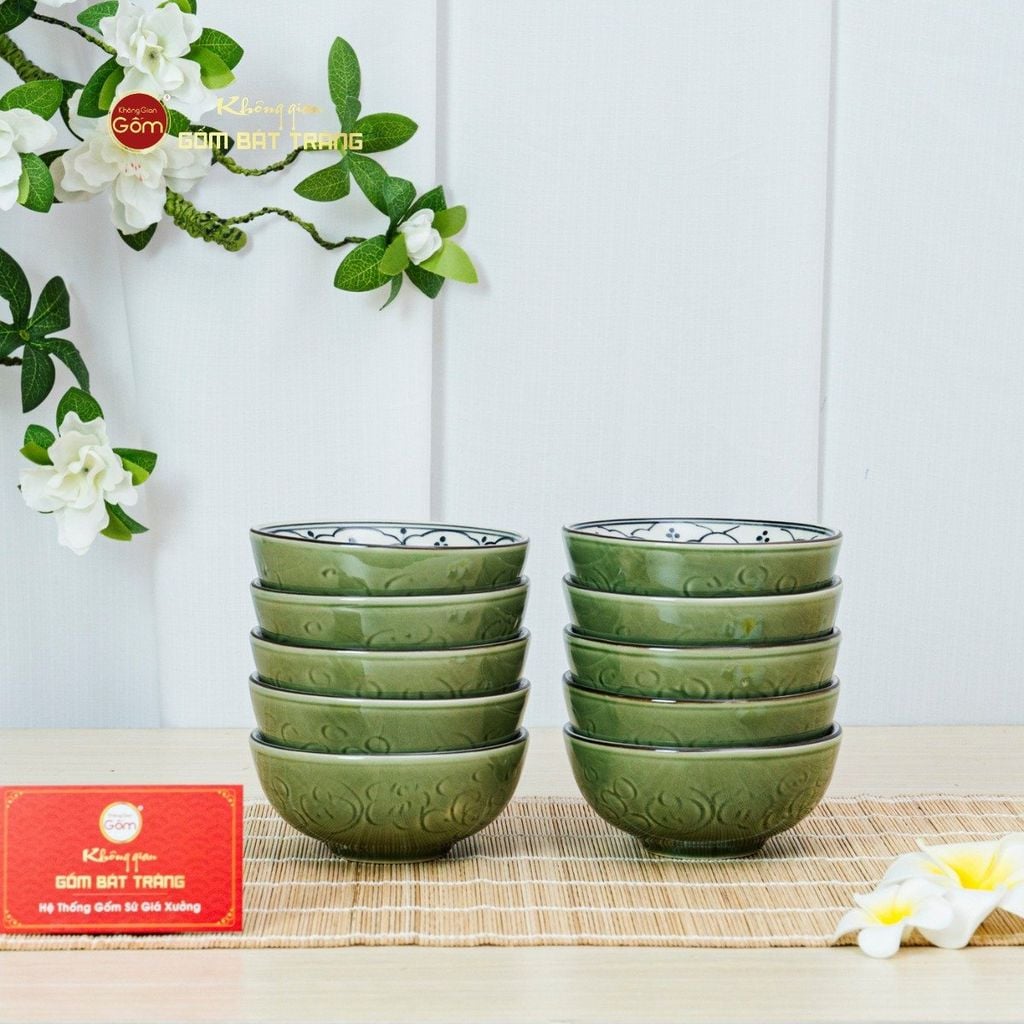 Bộ Bát Cơm Men Xanh Ngọc Vẽ Bèo