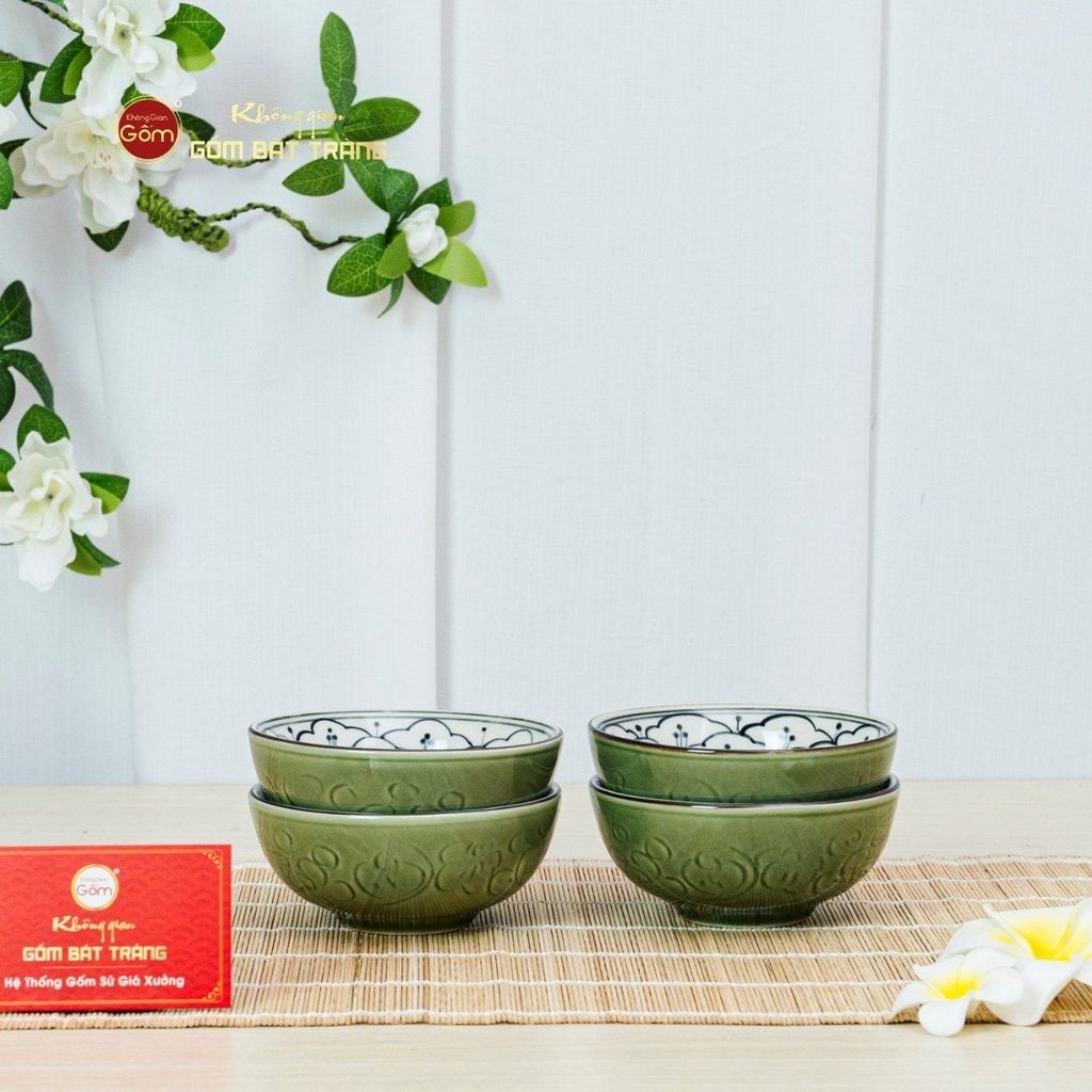 Bộ Bát Cơm Men Xanh Ngọc Vẽ Bèo
