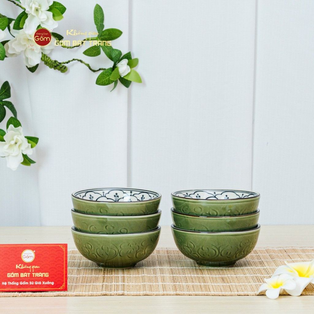 Bộ Bát Đĩa Bát Tràng Men Xanh Ngọc Vẽ Bèo