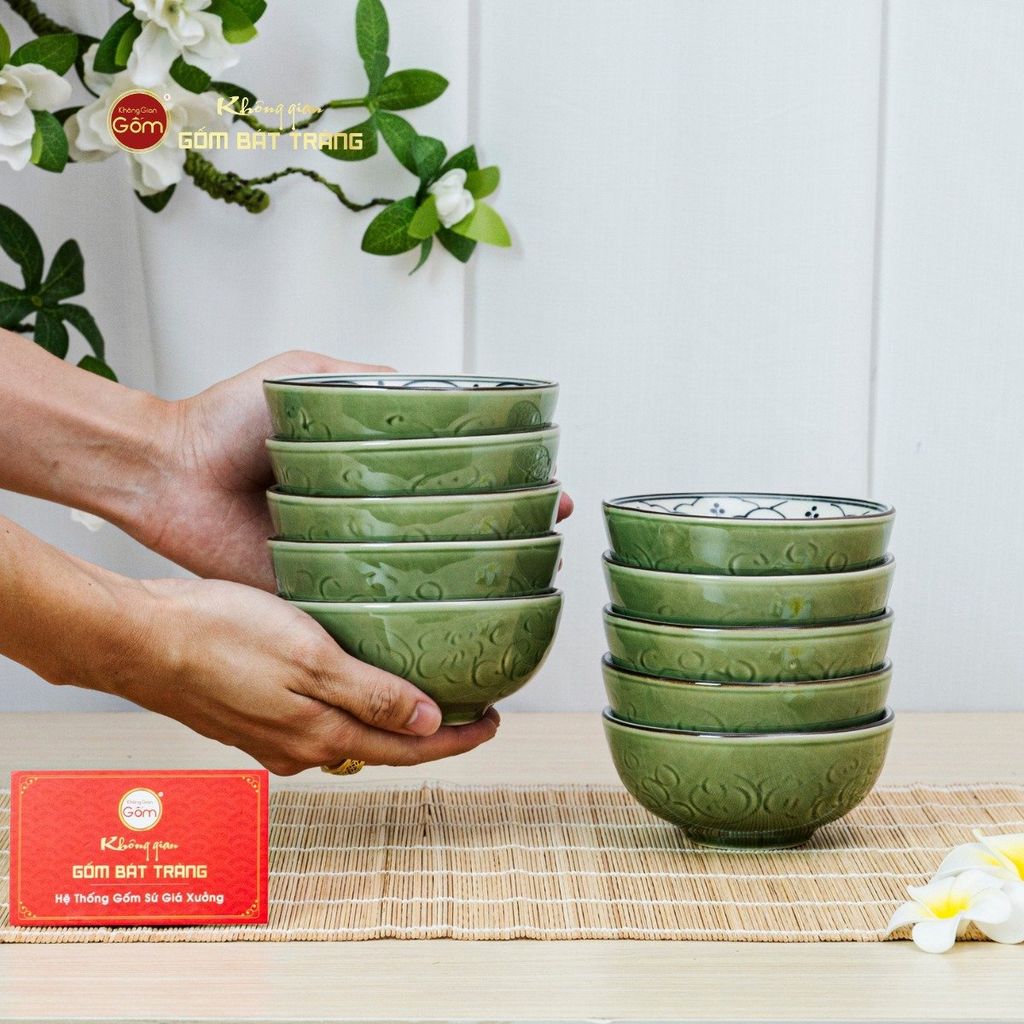 Bộ Bát Đĩa Bát Tràng Men Xanh Ngọc Vẽ Bèo