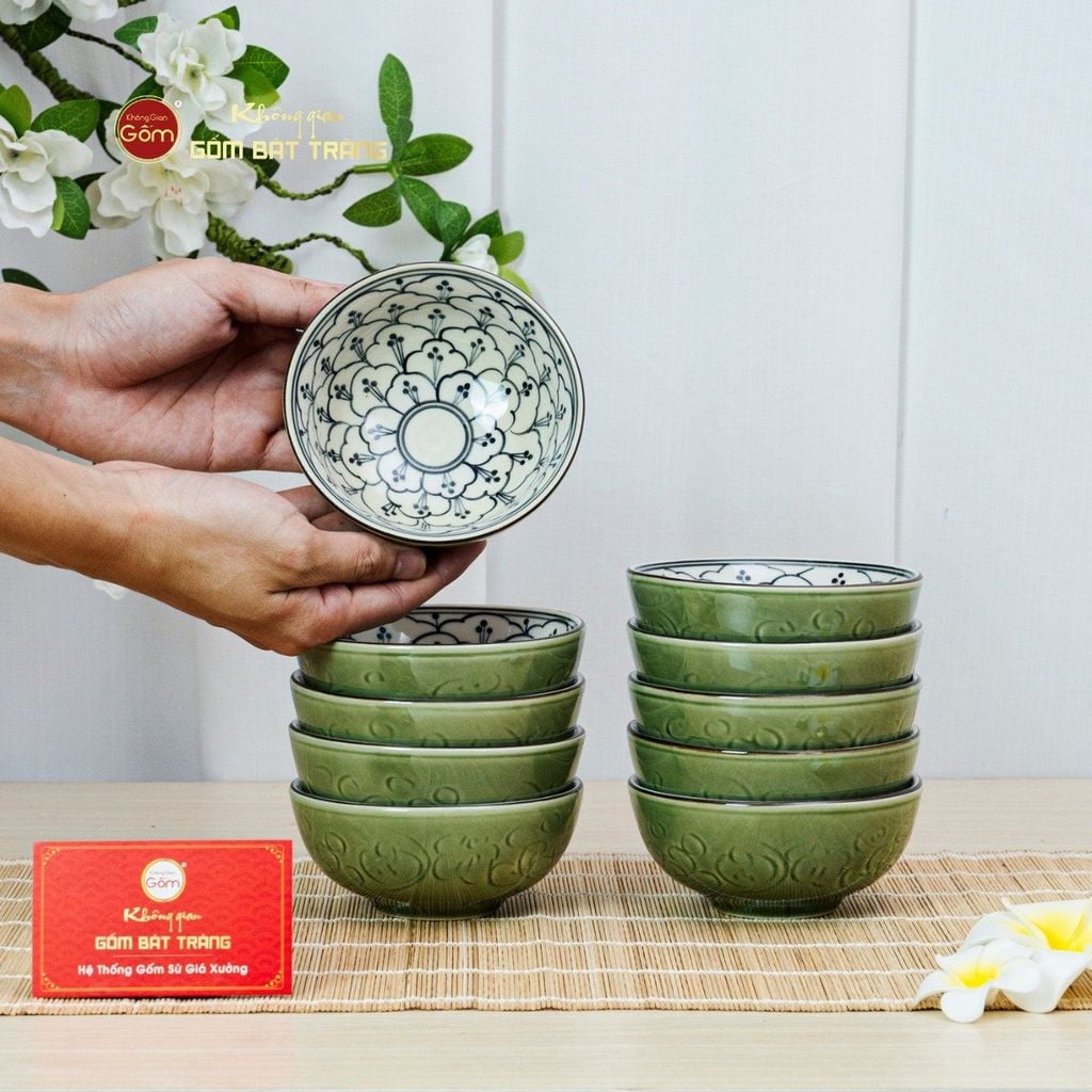 Bộ Bát Cơm Men Xanh Ngọc Vẽ Bèo
