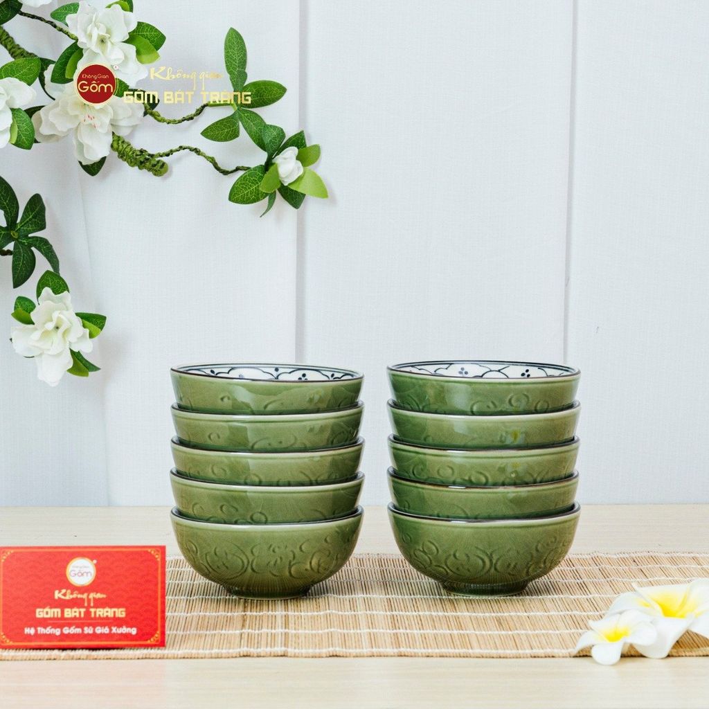 Bộ Bát Đĩa Bát Tràng Men Xanh Ngọc Vẽ Bèo