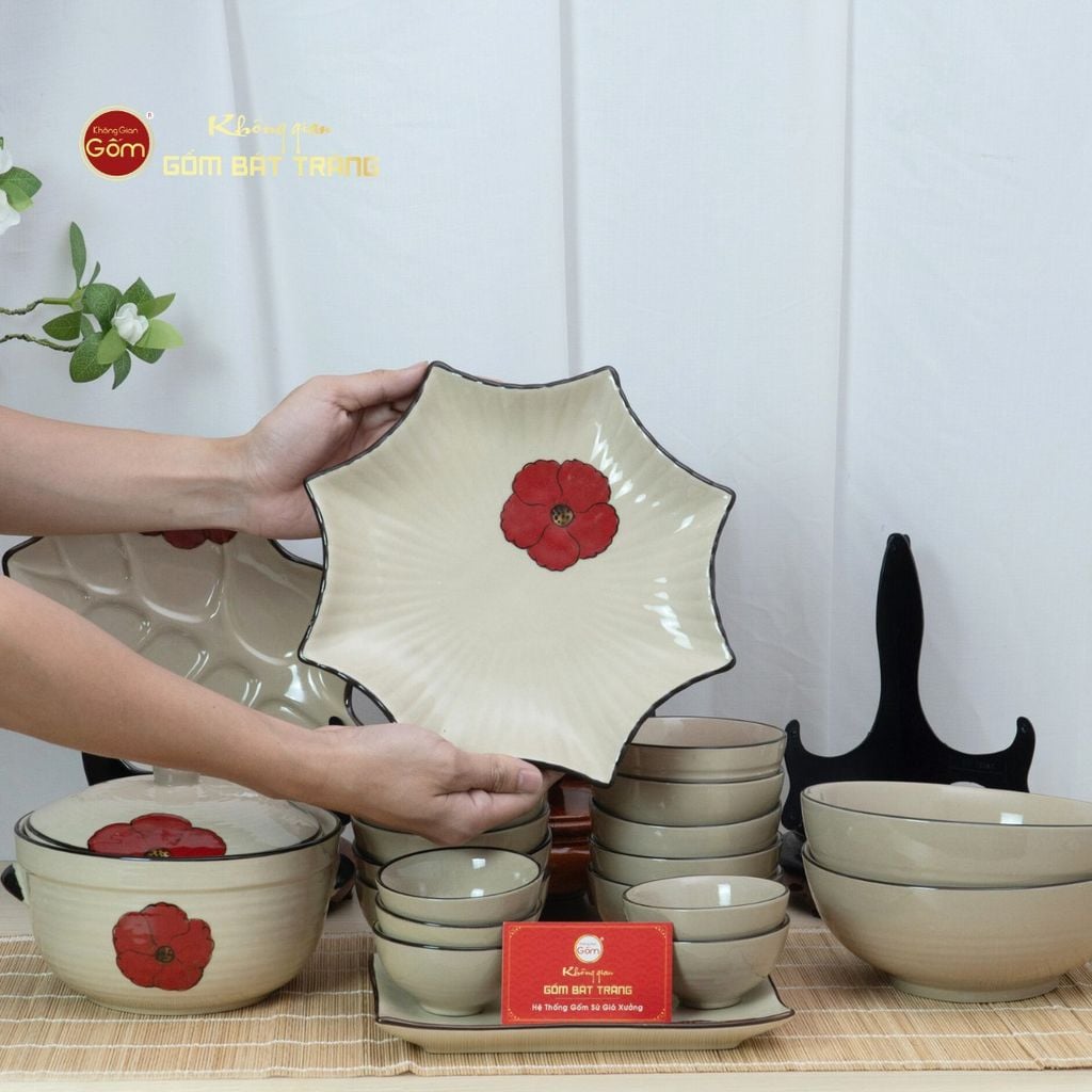 Bộ Bát Đĩa Bát Tràng Hoa Sứ Đỏ
