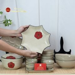 Bộ Bát Đĩa Bát Tràng Hoa Sứ Đỏ