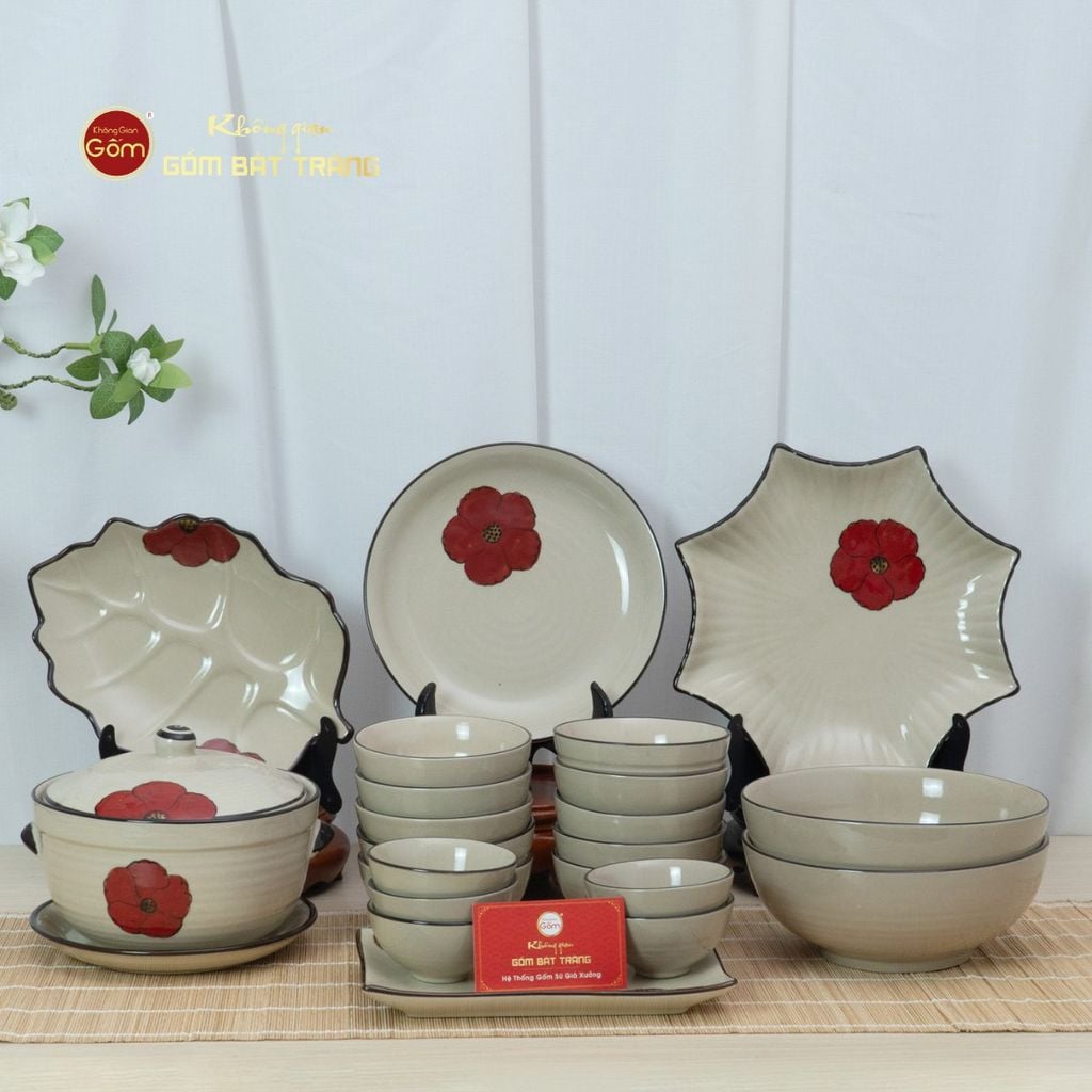 Bộ Bát Đĩa Bát Tràng Hoa Sứ Đỏ