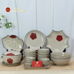 Bộ Bàn Ăn 10 Người (23 món) Men Hỏa Biến Hoa Sứ Đỏ