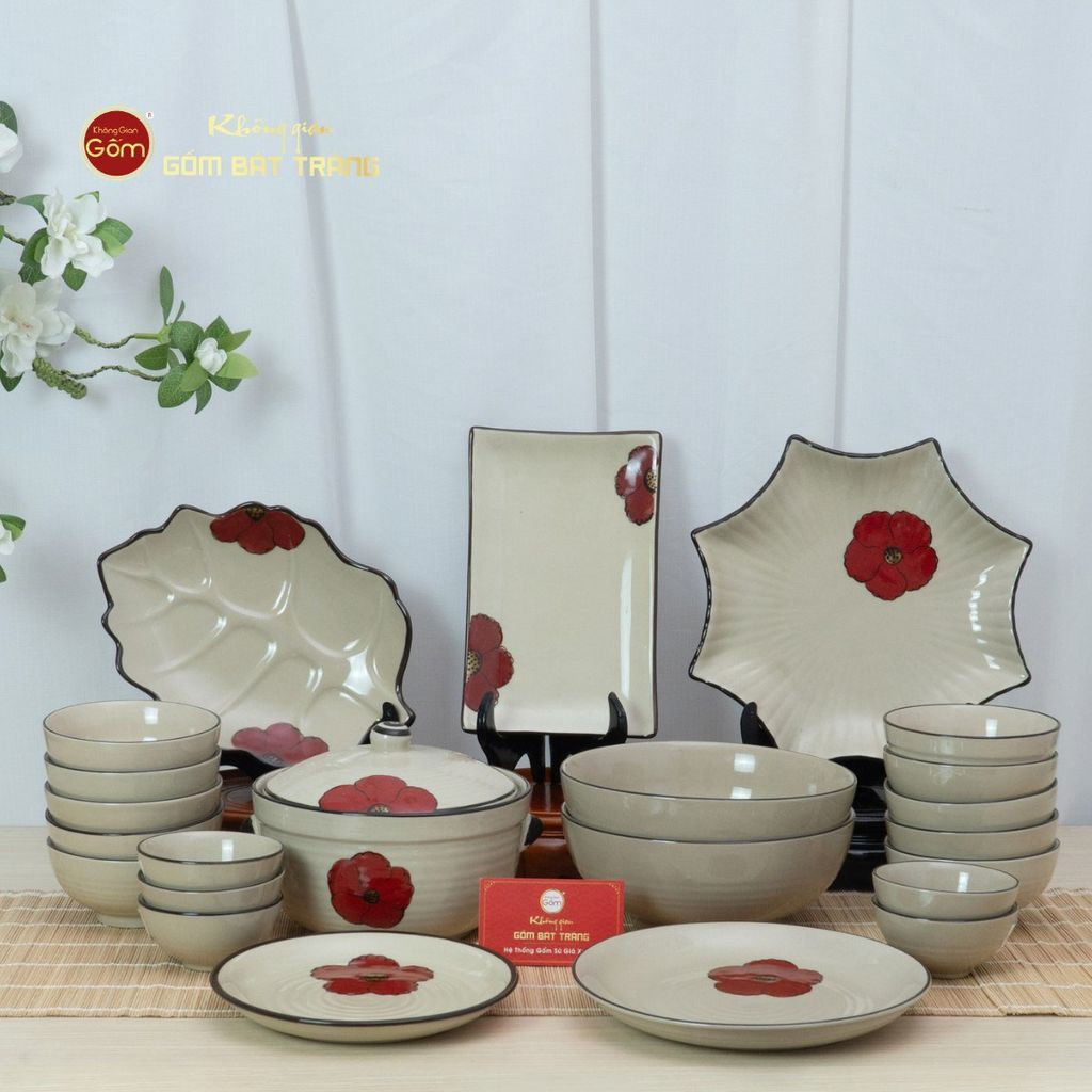 Bộ Bát Đĩa Bát Tràng Hoa Sứ Đỏ