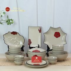 Bộ Bàn Ăn 10 Người (23 món) Men Hỏa Biến Hoa Sứ Đỏ