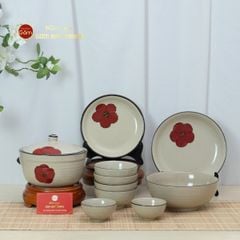 Bộ Bát Đĩa Bát Tràng Hoa Sứ Đỏ