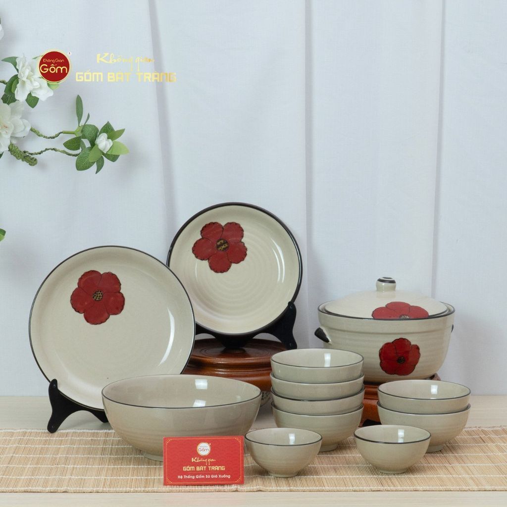 Bộ Bàn Ăn 6 Người (12 món) Men Hoả Biến Hoa Sứ Đỏ