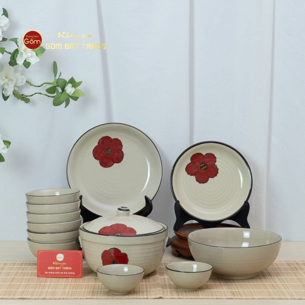 Bộ Bàn Ăn 6 Người (12 món) Men Hoả Biến Hoa Sứ Đỏ