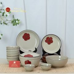 Bộ Bát Đĩa Bát Tràng Hoa Sứ Đỏ