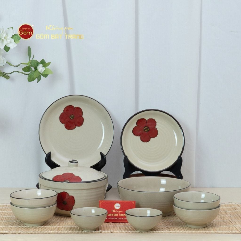 Bộ Bát Đĩa Bát Tràng Hoa Sứ Đỏ