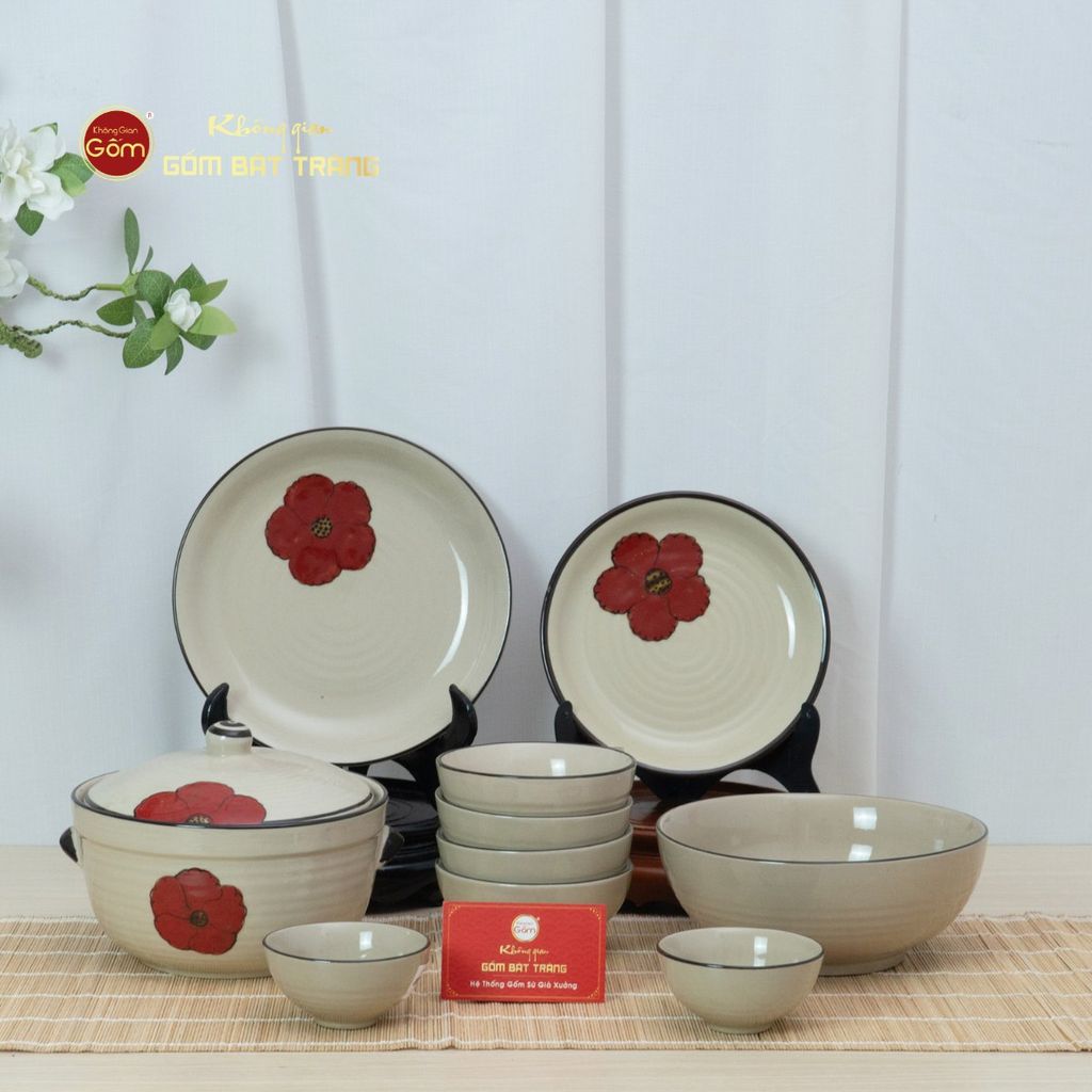 Bộ Bàn Ăn 4 Người (10 món) Men Hoả Biến Hoa Sứ Đỏ