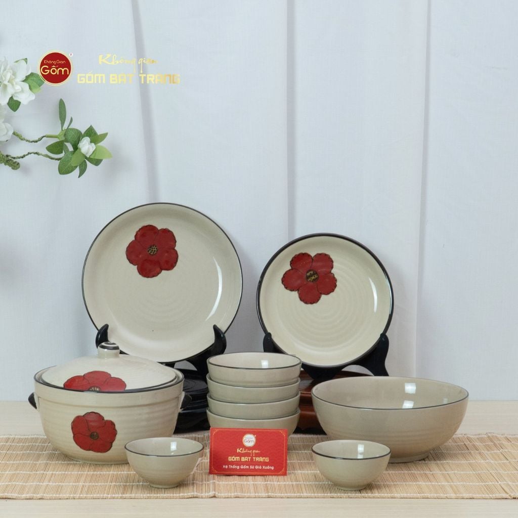 Bộ Bát Đĩa Bát Tràng Hoa Sứ Đỏ