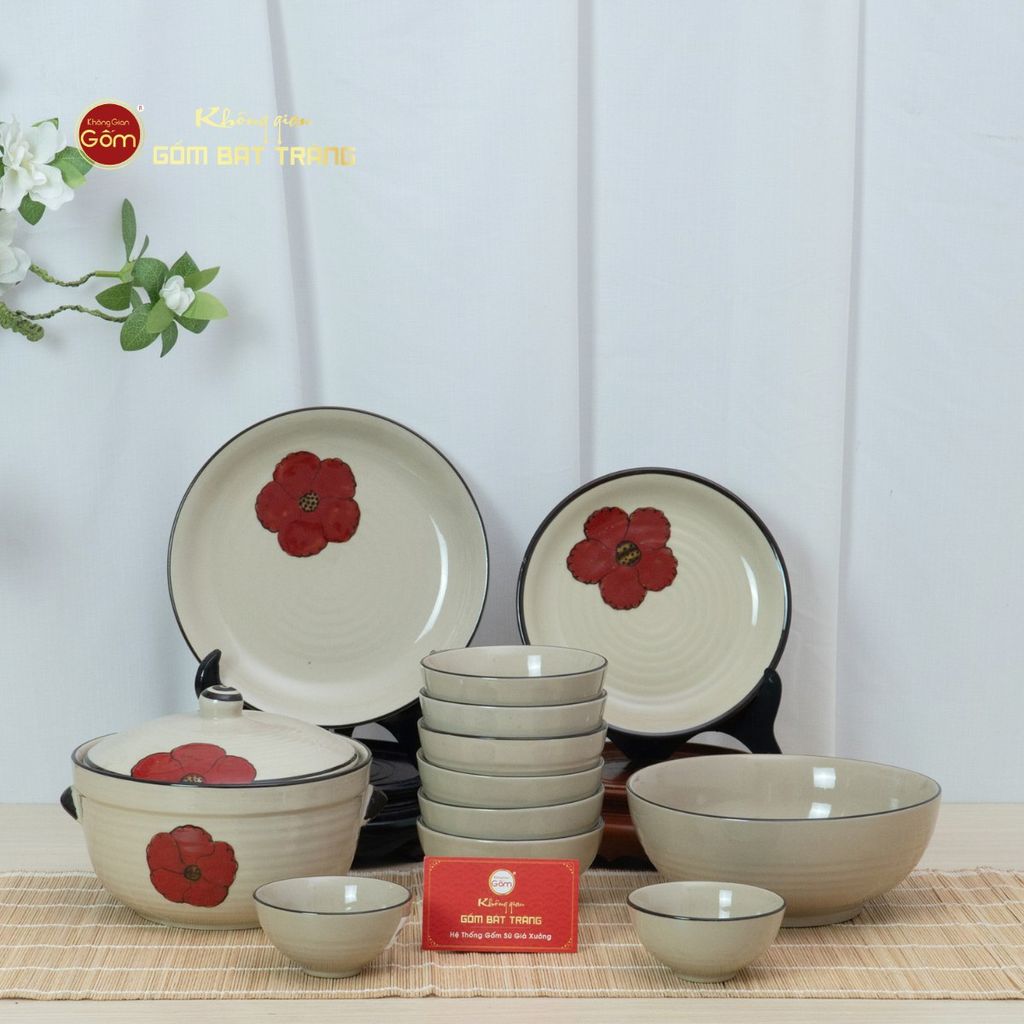 Bộ Bát Đĩa Bát Tràng Hoa Sứ Đỏ