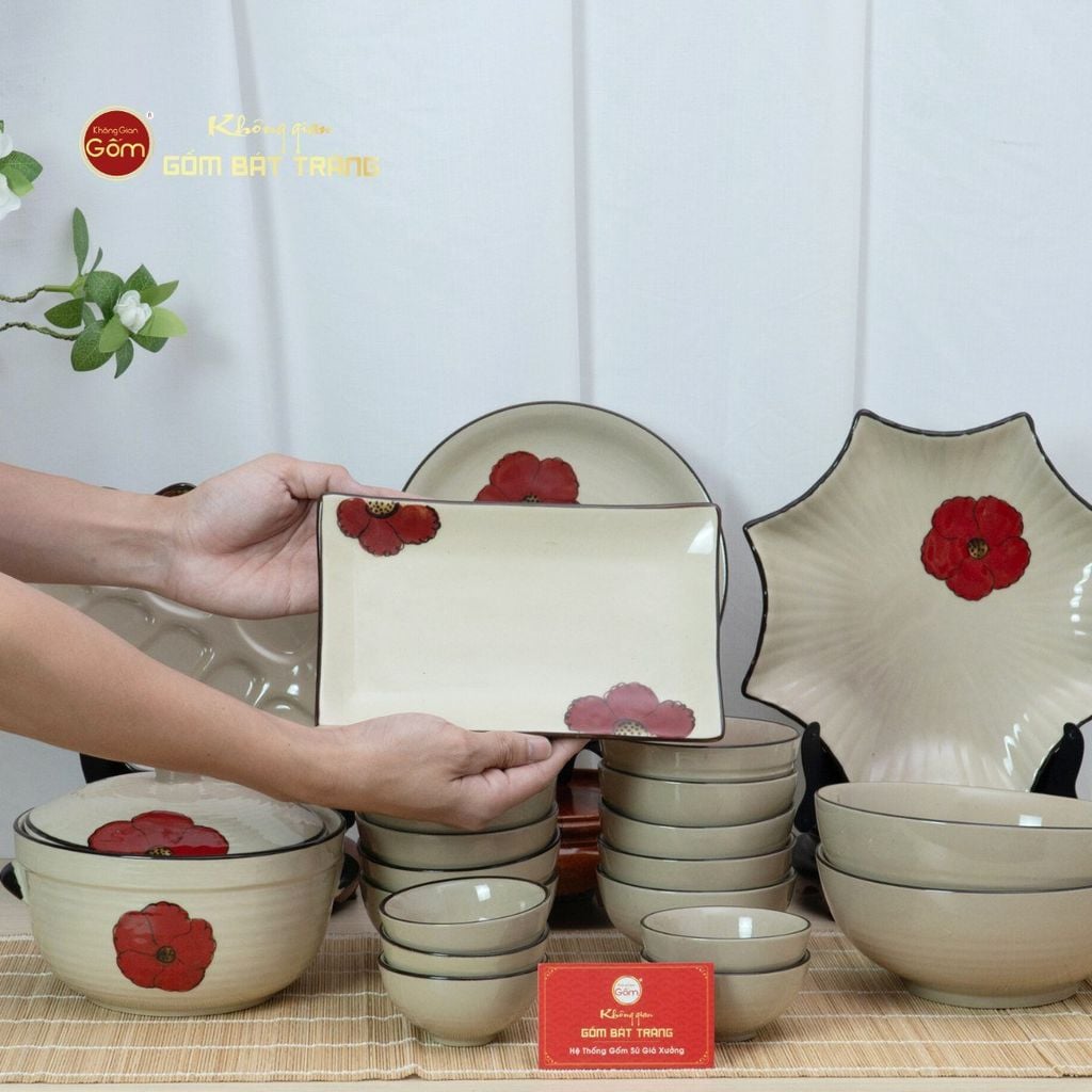Bộ Bát Đĩa Bát Tràng Hoa Sứ Đỏ