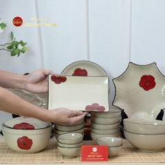 Bộ Bát Đĩa Bát Tràng Hoa Sứ Đỏ
