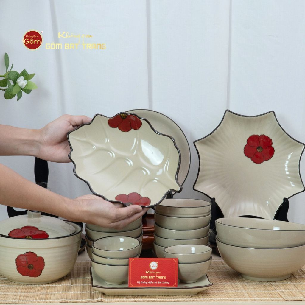 Bộ Bát Đĩa Bát Tràng Hoa Sứ Đỏ