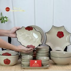 Bộ Bát Đĩa Bát Tràng Hoa Sứ Đỏ
