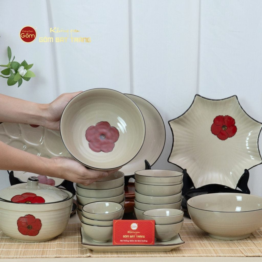 Bộ Bàn Ăn 10 Người (23 món) Men Hỏa Biến Hoa Sứ Đỏ