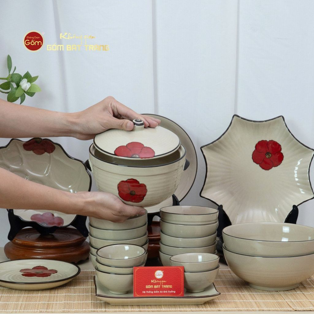 Bộ Bàn Ăn 4 Người (10 món) Men Hoả Biến Hoa Sứ Đỏ