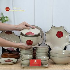 Bộ Bàn Ăn 4 Người (10 món) Men Hoả Biến Hoa Sứ Đỏ