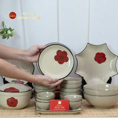 Bộ Bàn Ăn 4 Người (10 món) Men Hoả Biến Hoa Sứ Đỏ