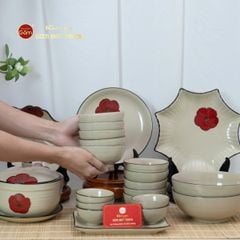 Bộ Bát Đĩa Bát Tràng Hoa Sứ Đỏ