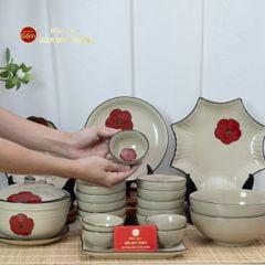 Bộ Bàn Ăn 10 Người (23 món) Men Hỏa Biến Hoa Sứ Đỏ