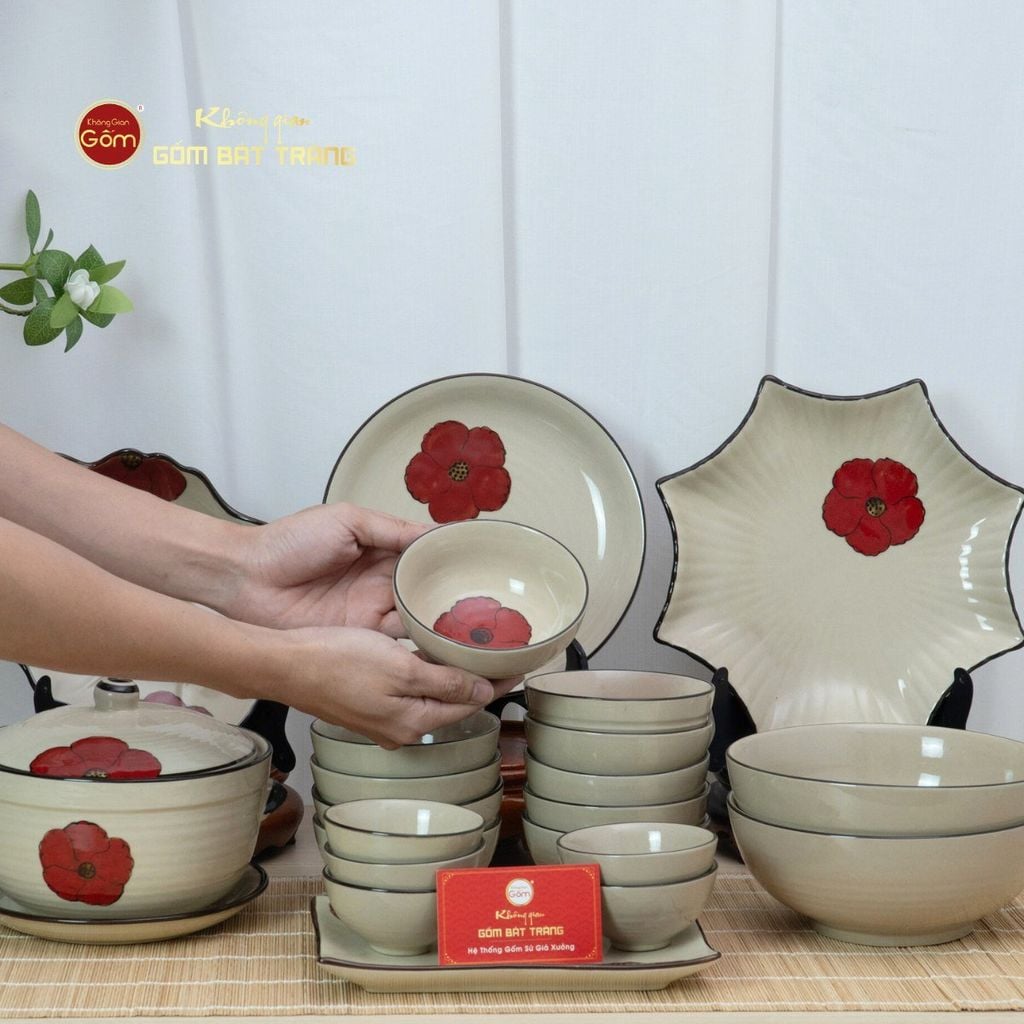 Bộ Bàn Ăn 10 Người (23 món) Men Hỏa Biến Hoa Sứ Đỏ