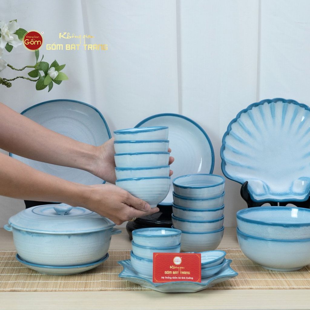 Bộ Bát Đĩa Bát Tràng Men Biển Xanh Cát Trắng
