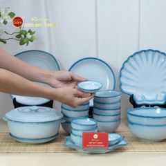 Bộ Bát Đĩa Bát Tràng Men Biển Xanh Cát Trắng