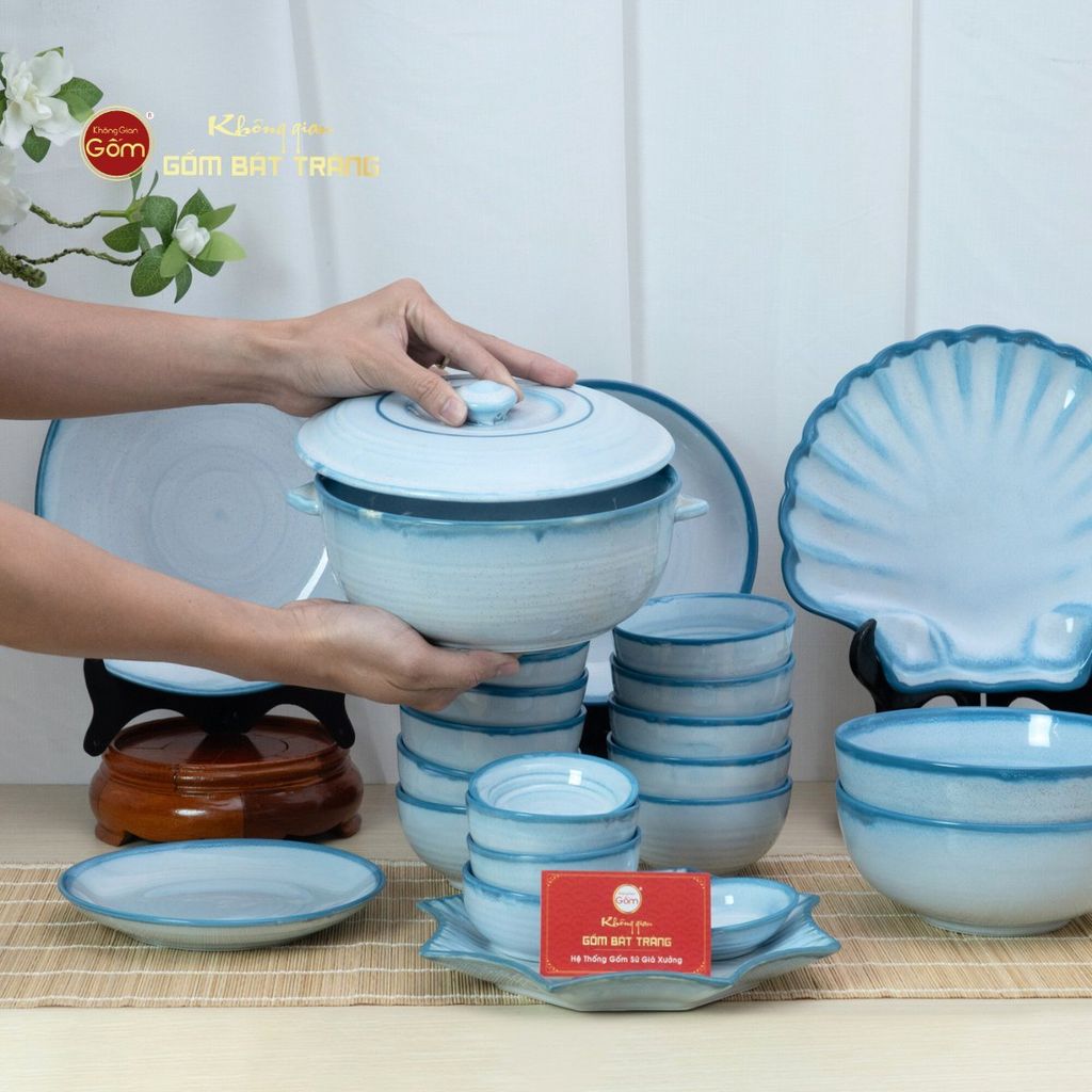 Bộ Bát Đĩa Bát Tràng Men Biển Xanh Cát Trắng