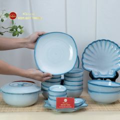 Bộ Bát Đĩa Bát Tràng Men Biển Xanh Cát Trắng