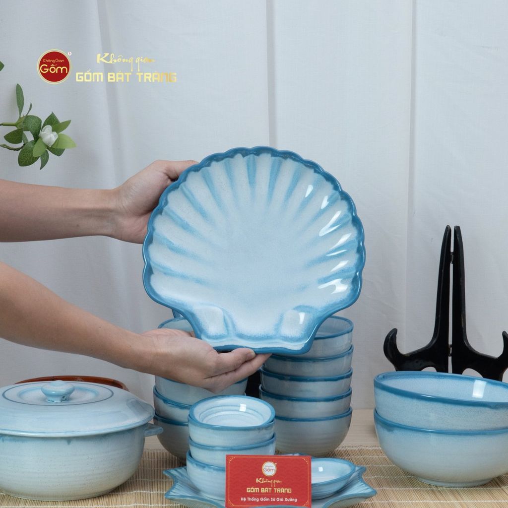 Bộ Bát Đĩa Bát Tràng Men Biển Xanh Cát Trắng