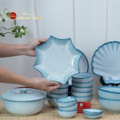 Bộ Bát Đĩa Bát Tràng Men Biển Xanh Cát Trắng