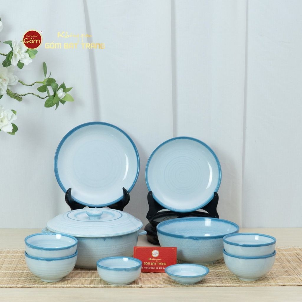 Bộ Bát Đĩa Bát Tràng Men Biển Xanh Cát Trắng