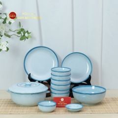 Bộ Bát Đĩa Bát Tràng Men Biển Xanh Cát Trắng