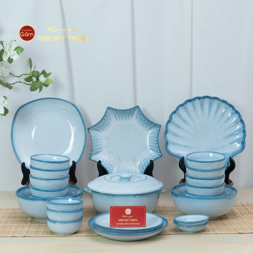 Bộ Bát Đĩa Bát Tràng Men Biển Xanh Cát Trắng