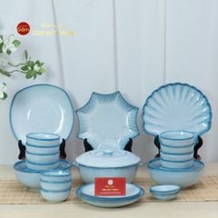 Bộ Bát Đĩa Bát Tràng Men Biển Xanh Cát Trắng