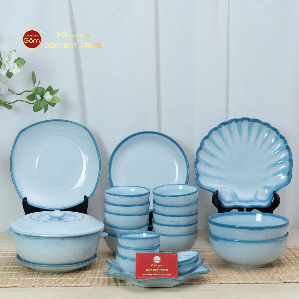 Bộ Bát Đĩa Bát Tràng Men Biển Xanh Cát Trắng