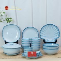 Bộ Bát Đĩa Bát Tràng Men Biển Xanh Cát Trắng